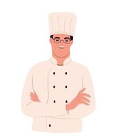 hombre con abajo síndrome vestido como un cocinero en cocinero chaqueta y sombrero sonriente mientras en pie con brazos cruzado, aislado en blanco antecedentes. vector