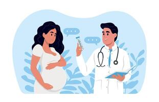 A pregnant woman is talking to an obstetrician gynecologist. A woman expecting a baby visits the doctors office, examination during pregnancy. vector