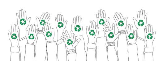 Recycling concept illustration. Group of hands with recycling sign to prevent environmental pollution. Vector illustration.