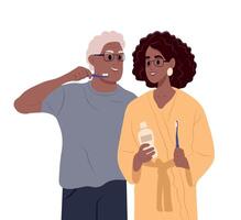 mundo oral salud día. africano hombre, mujer tomando cuidado de oral salud o cepillado dientes. un mayor Pareja cepillos su dientes con un cepillo de dientes. vector