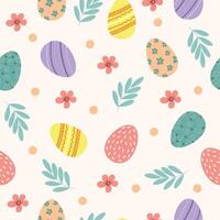 Seamless pattern for Easter on a white background. Easter eggs, flowers in pastel colors. Easter pattern for wrapping paper, textile, wallpaper. vector