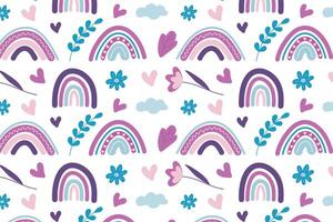 Rainbow background with rainbows and flowers in Scandinavian style, in lilac tones. vector