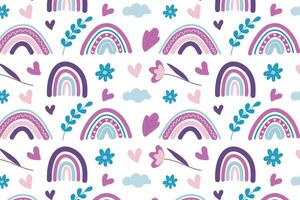 Rainbow background with rainbows and flowers in Scandinavian style, in lilac tones. vector