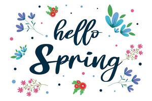Hola primavera. tarjeta postal con flores y hojas. primavera ilustración. vector