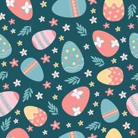 Cute colorful Easter seamless pattern with doodle Easter eggs and cute flowers. vector