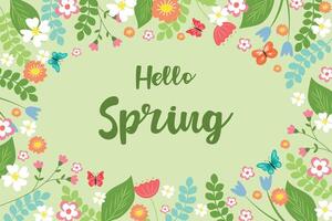 Spring banner background vector illustration. Frame of beautiful spring flowers on a soft green background. Hi spring.