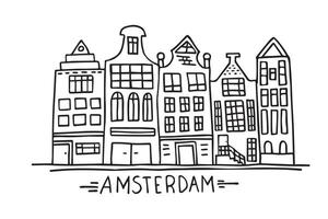 Background with hand-drawn doodles of Amsterdam buildings. Scandinavian city. vector