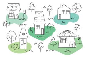 A set of houses of various shapes. Illustration of village houses. Children's lustration. Black and white houses and trees. vector