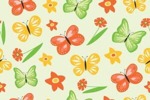 Seamless pattern with butterflies and flowers. Spring background. vector