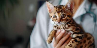 AI generated Generative AI, veterinarian is holding in hands cute small kitten, vet clinic banner with copy space photo