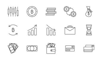 Cryptocurrency Set Contour Icons. Bitcoin and blockchain. Exchange for Dollar bills and Coins. Statistics and currency quotes. Briefcase, wallet and bank cards. Finance Economics. Vector illustration.