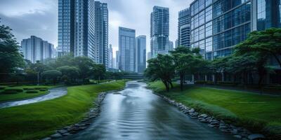 AI generated Generative AI, Green park near high-rise buildings, Urban Landscape, Green Spaces, Sustainable Living, Eco-Friendly, Skyline photo