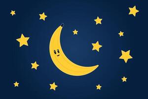 Illustration of the starry sky with a banana instead of a month. Banana with a cute face. Funny image. Yellow stars on a dark background. Vector illustration.