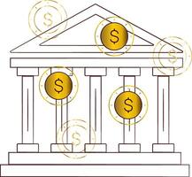 Bank building and coins. Outline Greek Temple - bank symbol. Golden Gradient Coin with Dollar Currency Symbol. Finance and Economics. isolated object. Vector illustration