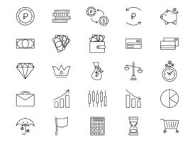 Finance and Economy icons in Russia. Ruble coins, banknotes, jewelry. Set of outline icons. Savings in a piggy bank and money insurance. Statistics and quotes. Shopping basket and stock portfolio. vector