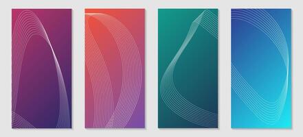 Abstract banners with a wave of thin lines. Bright gradient backgrounds. Collection of banners for social networks. Curved lines. Vector illustration