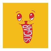 Muzzle that sticks out its tongue on one-color yellow background. The language is written in English Sugar. Lovely eyes, long tongue. Character shows tongue. Retro style. Bright color. Vector. vector