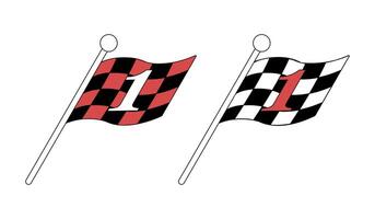 Black and white and black and red checkered flag with the number one. The flag develops at an angle. First number, finish. isolated items. Vector illustration