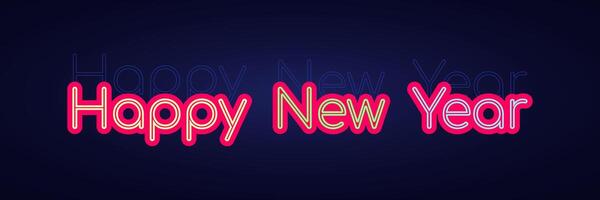 Bright color text Happy New Year on a dark background. Isolated congratulations on the holiday. Bright pink lining. Stroke text. Vector illustration.