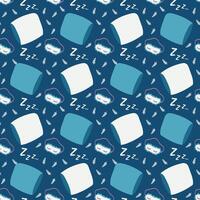 Sleep and rest seamless pattern. Pillow, feathers, sleep mask and sleep sound on a blue background. Night time. Vector illustration