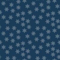 A seamless pattern of snowflakes falling on a dark blue background. Winter pattern. A chaotic fall. Snowflake outline icon. Vector illustration