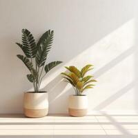 AI generated plants against a white wall in beautiful pots in a minimalistic interior photo