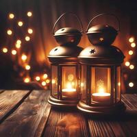 AI generated Generative AI Image of Mosque Islamic Lanterns with Burning Candle photo