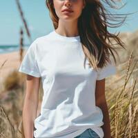 AI generated Woman White blank Shirt Mockup photo