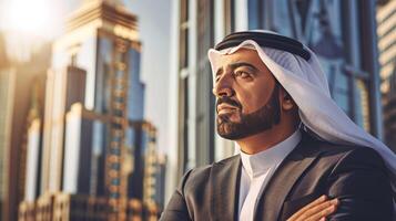 AI generated a succesfull arab businessman with out of focus city buildings in the background photo