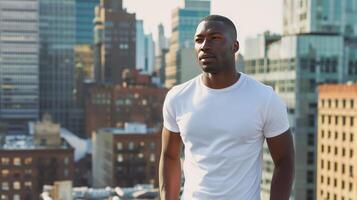 AI generated attractive black man with blank tshirt for mockup with city background photo