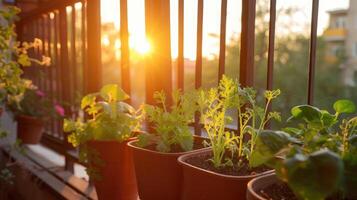 ai generado vegetal plántulas en ollas durante amanecer en el balcón foto