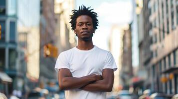 AI generated attractive black man with blank tshirt for mockup with city background photo