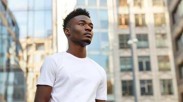 AI generated attractive black man with blank tshirt for mockup with city background photo