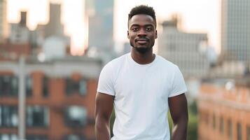 AI generated attractive black man with blank tshirt for mockup with city background photo