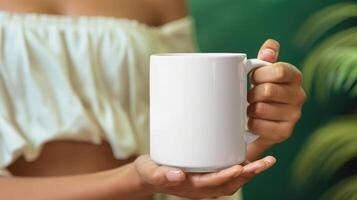 AI generated a female hand holding white mug photo