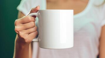 AI generated a female hand holding white mug photo