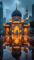 ai generado hermosa mezquita en el medio de el ciudad a noche. islámico antecedentes foto