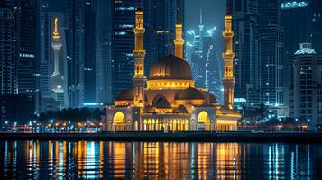 ai generado hermosa mezquita en el medio de el ciudad a noche. islámico antecedentes foto