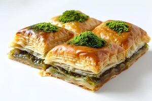 AI generated Baklava isolated on white background. Baklava with meat and cheese. photo