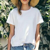 AI generated Woman White blank Shirt Mockup photo