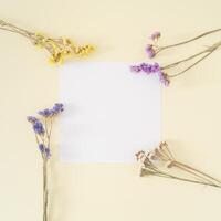 Creative layout made of colorful dry flowers with paper card note on pastel cream background. Floral greeting card. Minimal concept and simplicity. Nature decorative design. Flat lay. photo
