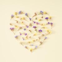 Heart shape made of colorful dry flowers on pastel cream background. Romantic floral greeting card. Minimal love concept and simplicity. Nature decorative design. Flat lay. photo