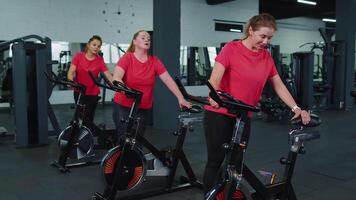 atletisk kvinnor grupp framställning stretching Träning på spinning stationär cykel rutin- i Gym inomhus video