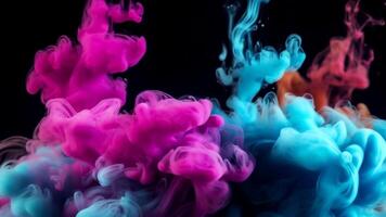 ai generado pintar soltar tinta en agua, explosión fumar, azul rosado color fluido chapoteo vapor nube en Brillantina polvo textura negro resumen Arte antecedentes creado con generativo ai foto