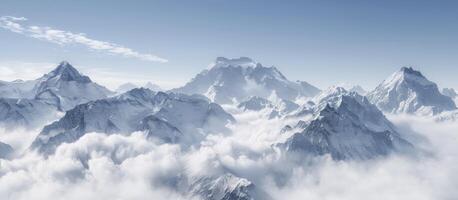 AI generated Majestic Snow-Capped Mountains, Towering Peaks Shrouded in Clouds, Evoking a Sense of Grandeur and Serenity. photo