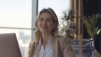 AI generated Efficiency with Elegance, Smiling Mid-Aged Businesswoman Masters Work on Laptop in Office photo