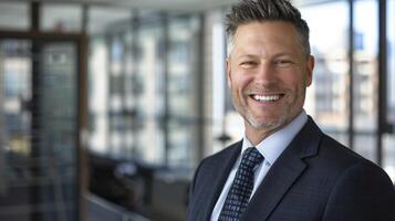 AI generated Seasoned Success, Smiling 45 Year Old Banker and Mid Adult Businessman CEO in Office Headshot photo