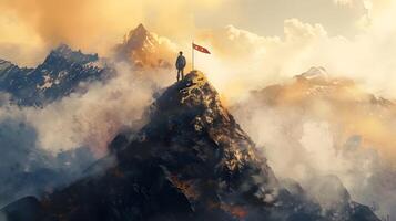 AI generated Man Standing on Top of Mountain with Red Flag in Digital Painting Style photo