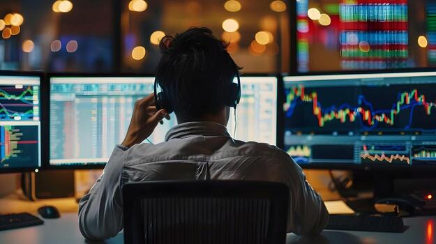 AI generated Tech Savvy Trader Planning at Modern Workspace with Multiple Monitors photo