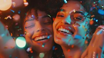 AI generated Neon-Infused Digital Art of Two Women Celebrating with Confetti photo